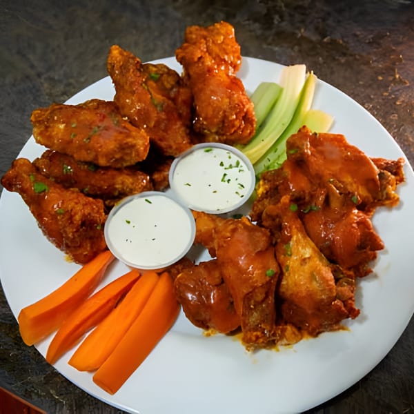 A large platter of Overlook's buffalo wings with celery, carrots, and two cups of ranch.