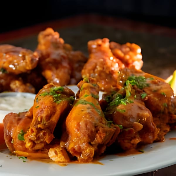 Platter of Overlook's buffalo wings, coated in sauce and garnished with parsley, with ranch dip.